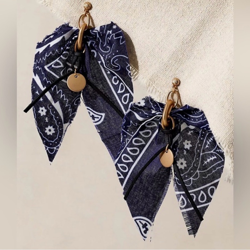 Free People Ariana Ost Mae Scarf Dangle Earrings Navy Blue Bandana NWT boho
